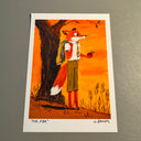 Art print of Mr. Fox from Fantastic Mr. Fox - at an orange sunset time. He stands under a tree with his coat over his shoulder and an apple in one hand.