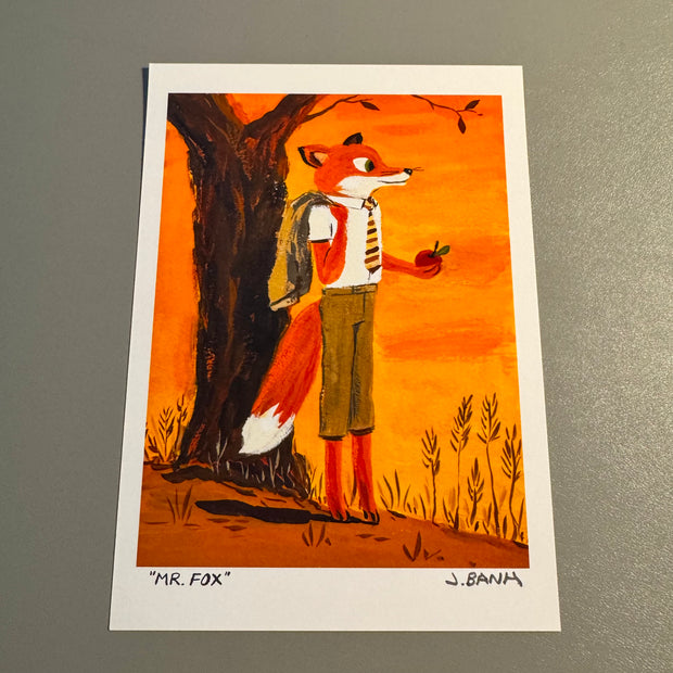 Art print of Mr. Fox from Fantastic Mr. Fox - at an orange sunset time. He stands under a tree with his coat over his shoulder and an apple in one hand.