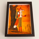 Painting of Mr. Fox from Fantastic Mr. Fox - at an orange sunset time. He stands under a tree with his coat over his shoulder and an apple in one hand.