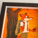Painting of Mr. Fox from Fantastic Mr. Fox - at an orange sunset time. He stands under a tree with his coat over his shoulder and an apple in one hand. Close up.