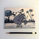 Cartoon illustration of two characters on an elephant with a pencil for scale.