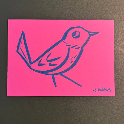 Blue ink illustration on hot pink paper of a bird.