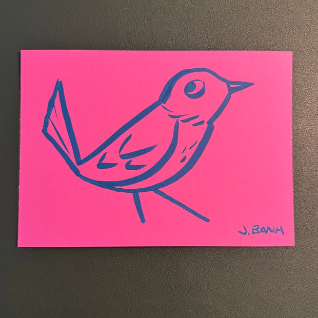 Blue ink illustration on hot pink paper of a bird.