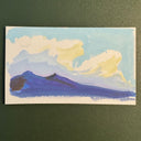 Painting study of a purple mountain and large clouds.
