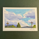 Painting of a study of clouds over green trees and telephone poles.