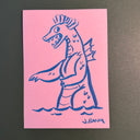 Blue marker illustration on pink paper of a sea monster.