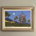 Framed artwork of a night scene of Howl's Moving Castle following behind a Catbus, who shines a headlight into the forest.