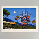 Artwork of a night scene of Howl's Moving Castle following behind a Catbus, who shines a headlight into the forest.