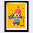 Framed illustration of PaRappa holding a boombox over his shoulder, dropping a microphone in one hand and smiling. He wears a Kappa design shirt and has a bird atop its head.