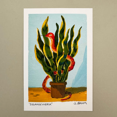 Painting of a potted snake plant, with large leaves that are slightly wavy and have yellow outlining. A red snake weaves through the plant. Background is blue with a yellow flooring.