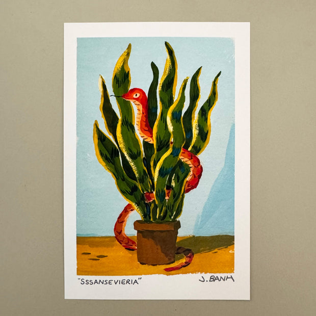 Painting of a potted snake plant, with large leaves that are slightly wavy and have yellow outlining. A red snake weaves through the plant. Background is blue with a yellow flooring.