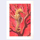 Highly rendered illustration of a seahorse on a brown branch against a red background.