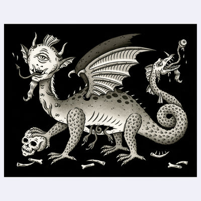 Greyscale illustration on black background of a dragon with a humanoid cyclops head and pointed tongue. It has snakes coming out of its stomach and a more traditional dragon's head coming out of its tail. It stands atop of a skull. 