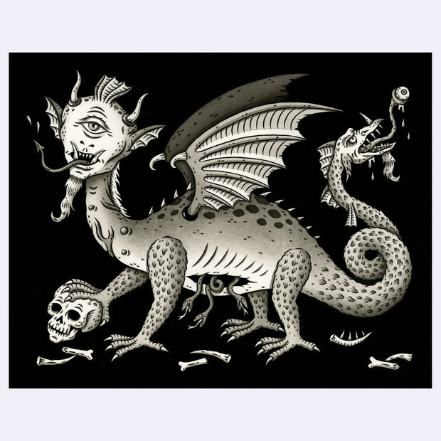 Greyscale illustration on black background of a dragon with a humanoid cyclops head and pointed tongue. It has snakes coming out of its stomach and a more traditional dragon's head coming out of its tail. It stands atop of a skull. 
