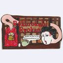 A hand-painted wooden sign featuring the text 'Rokurokubi Ryokan' in red, with an illustration of a geisha in a red kimono on the left and a stylized face on the right, set against a plain light gray background.