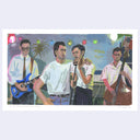 Illustration of a band performing outdoors with palm trees and lights in the background