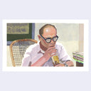 Painting of a man drinking from a bottle with a wicker chair and framed picture in the background.