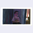 Painting of a child sitting in a dark room, as someone walks by in the hallway.