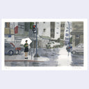 Painting of a person with an umbrella crossing a city street in the rain.