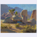 An impressionistic landscape painting of desert rock formations and mountains under a blue sky, rendered in warm beige, brown, yellow, and blue tones.