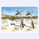 A watercolor painting of two Joshua trees in a desert landscape under a clear blue sky, with sandy ground and distant hills.