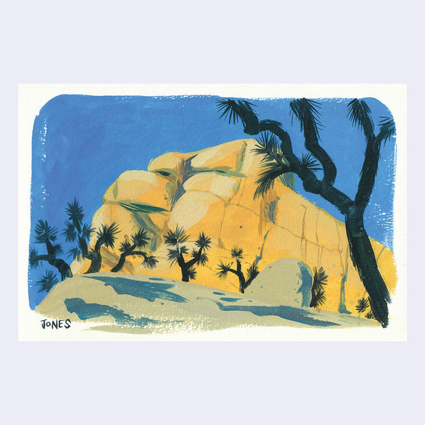 Plein air painting of a yellowish rock bluff with Joshua trees lining the foreground.