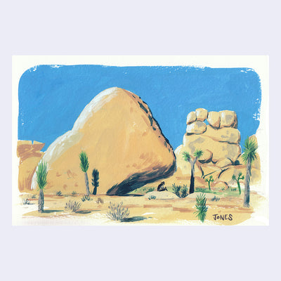 Plein air painting of a desert landscape with very large rock formations and Joshua Trees around.