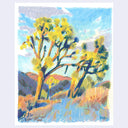 A colorful artwork depicting two Joshua trees in a desert landscape under a blue sky, rendered in expressive brushstrokes of yellow, green, blue, brown, and orange.