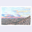 A pastel landscape drawing featuring a mountain range under a cloudy sky with soft pink, yellow, blue, and white tones, centered on a light gray background.