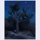 An impressionistic painting of a dark tree in a snowy landscape at night, rendered in deep blues, purples, and grays, with a visible artist signature in the bottom right corner.