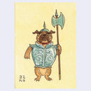 A whimsical watercolor illustration of a bulldog dressed as a knight in a mint green helmet and armor, holding a large double-headed axe, set against a pale yellow textured paper background.