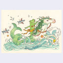 A whimsical illustrated artwork showing a green frog riding a white sea horse through ocean waves, with small fish and stars around them, on a cream background.