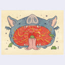 A whimsical illustration on a textured cream paper background showing a blue-gray monster with its mouth wide open, revealing a red interior, yellow flames, pink tongue, and small green frogs. The artwork is centered on a light gray background.