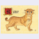 A stylized illustration of a saber-toothed cat with an ornate red and gold letter 'R' and black gothic 'awr' text. Background is a light yellow and the cat has one paw raised.