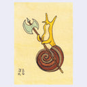 A watercolor-style illustration on a pale yellow paper background showing a snail shell with a yellow horn-like shape rising from it, holding a silver and brown double-headed axe. 