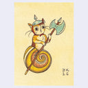 A watercolor-style illustration of a small cat-like character wearing a horned helmet and holding a large double-headed axe, centered on a pale yellow textured background with a black signature in the lower right.