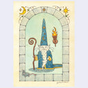 Illustration of a wizard with a long white beard, a very tall hat and matching blue robe, standing in a stone archway with celestial symbols.