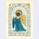 Illustration of an angel cat wearing blue robes with golden angel wings, playing a small harp. It stands in a stone archway.