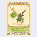 A  medieval-style illustration of a whimsical brown dog dressed in green and yellow, playing a trumpet with a green banner with a thistle emblem. The piece has decorative border flourishes and a rolled scroll at the bottom with the text, 'Hear ye! Hear ye! I'm tumbly doth rumbly!'.