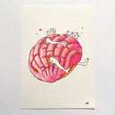 Illustration of a pink concha, with a person baked inside of it. Their head and limbs break out of it and crumbs scatter.