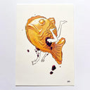 Illustration of a taiyaki, a browned fish-shaped pastry. A person breaks out from the middle of it, their limbs causing red bean paste to drip out.