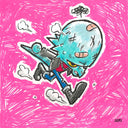 A stylized cartoon illustration of a blue-dinosaur character with a black spiked jacket, red shirt, and blue pants running against a bright pink hand-drawn background. The artwork includes white sketch-style outlines and small cloud shapes.