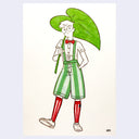 Drawing of a skinny man dressed in green striped overall shorts, red striped socks and holding a leaf umbrella.