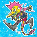 A colorful hand-drawn cartoon illustration of a running monster-like character with a yellow head, pink spikes, gray body, and bright blue background.