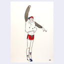Drawing of a skinny man wearing red shorts, striped socks and pulling on a sweatshirt over his head, the sweatshirt has gray sleeves and a dog's face on it. 