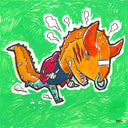 A colorful cartoon-style illustration of an orange dinosaur-like character wearing a red shirt and blue pants, running across a bright green textured background with white steam-like shapes around it.