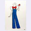 Drawing of a tall, skinny man wearing a puffy sleeved white shirt, blue bellbottom overalls and a giant red bowtie. He holds and apple and poses fashionably.