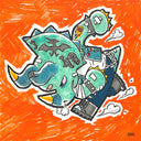 A colorful cartoon-style illustration of a dinosaur-like creature in a dynamic battle pose, set against a bright orange textured background. The main creature is teal with black outlines, gray armor, and yellow accents, while the secondary creature is blue with gray boots and a horn.