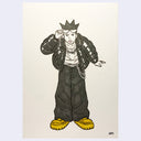 Drawing of a guy wearing a black puffer jacket, baggy black pants and construction boots. He leans forward and sticks out his tongue while pushing up his sunglasses.