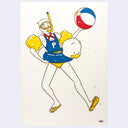 A stylized illustration of a duck character in a beach-themed outfit, including a blue swimsuit with a white 'P' letter, yellow floatation arm sleeves, a snorkel, flip-flops, and carrying a red, white, and blue beach ball, on a light cream background.